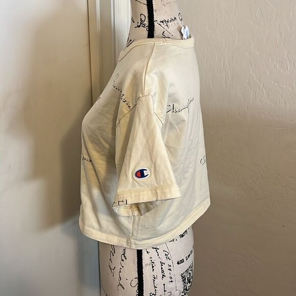 Champion Cream Color Logo Print Design Cropped Top Casual Contemporary Boho - Picture 2 of 8